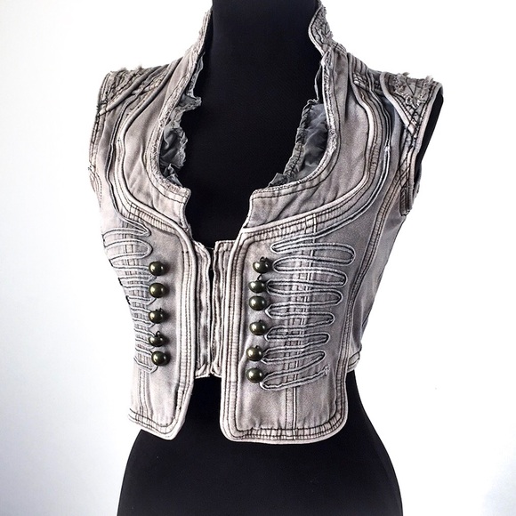 Jackets & Blazers - Distressed Grey Vest Cropped Soutache Military